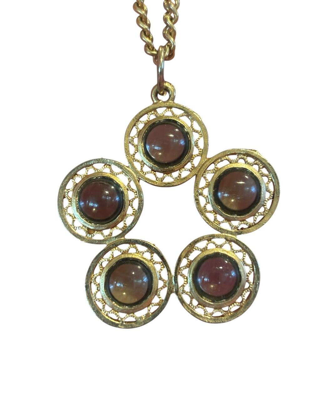 1970s Gold Filigree Necklace Smoky Cabochon Mod Flower Pendant Boho Statement